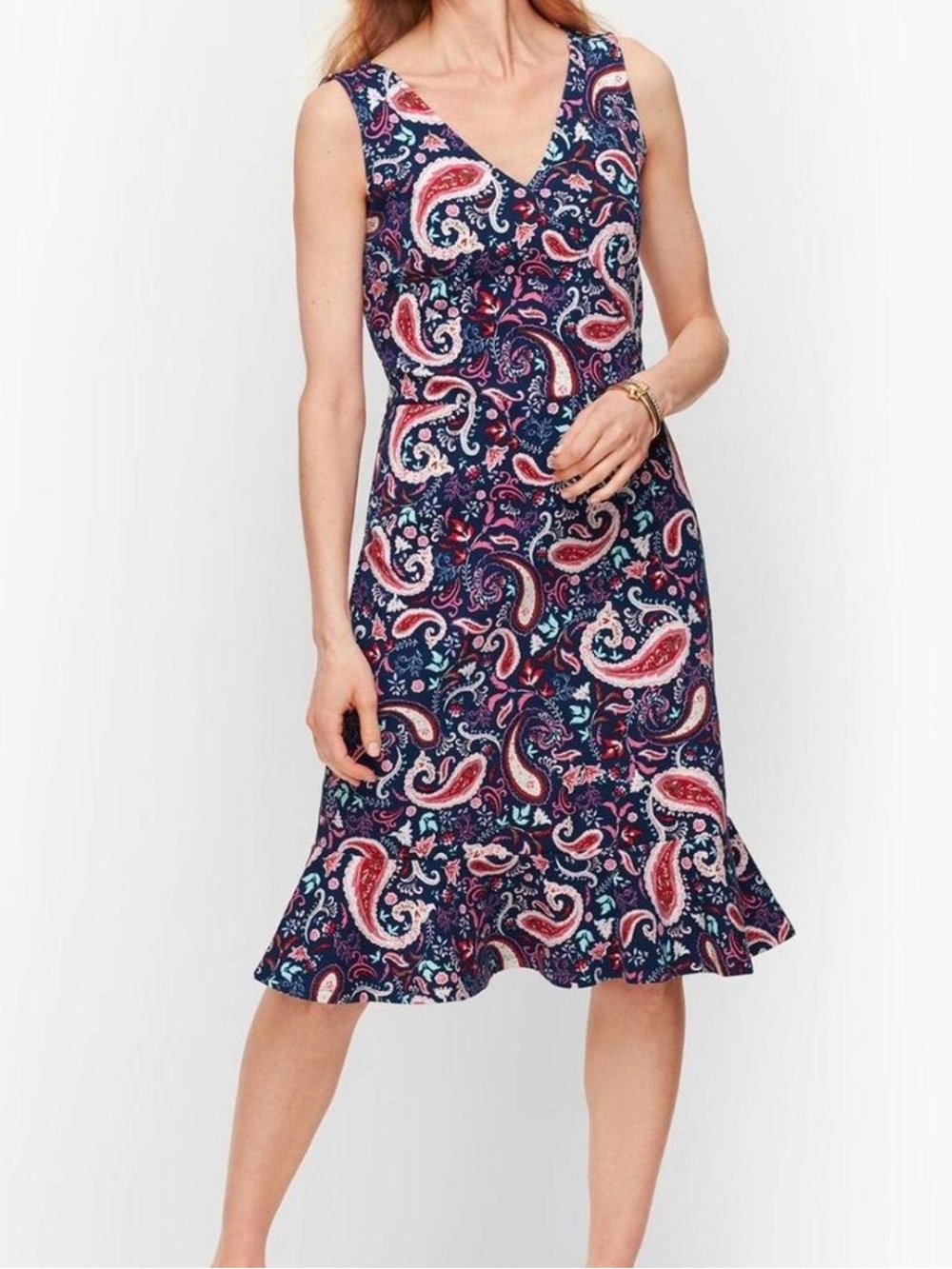 Talbots Blue Paisley Print Peplum Hem V-Neck Midi Dress Large